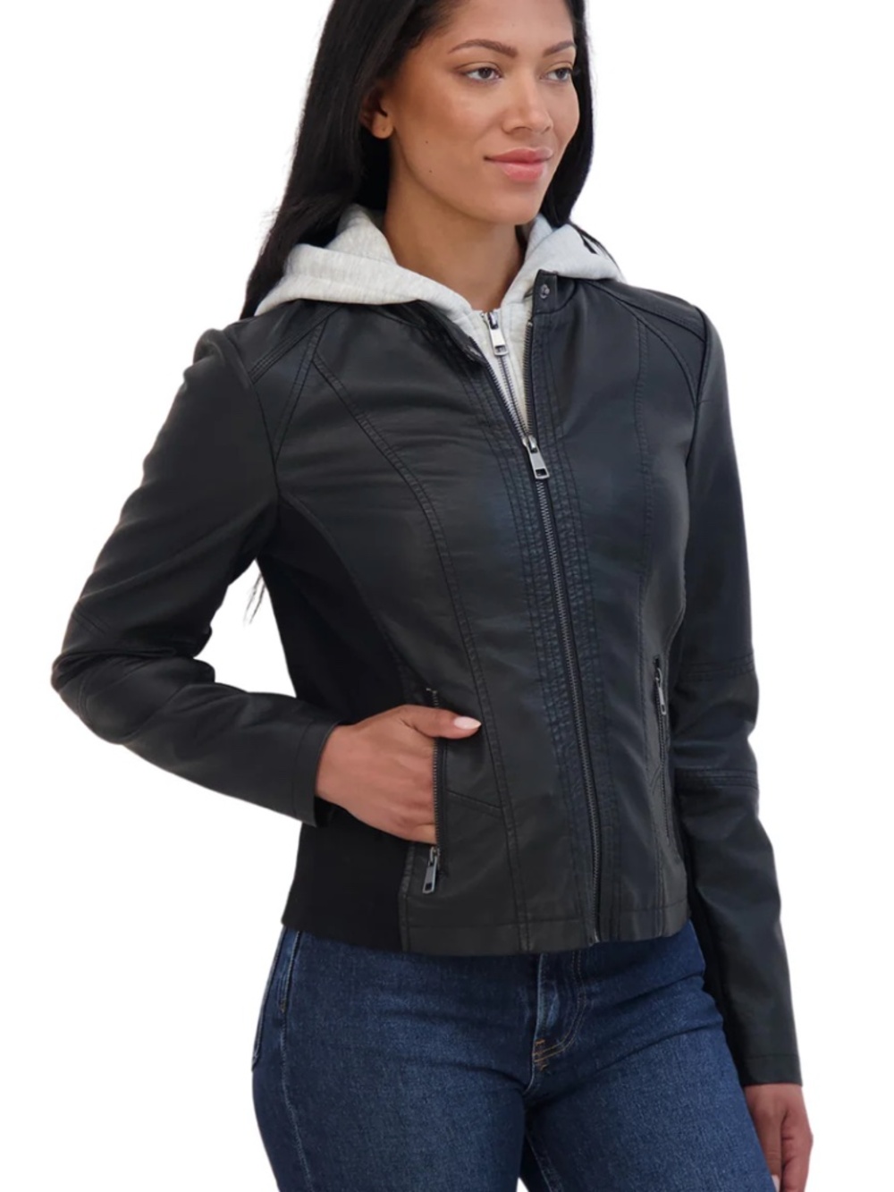 Sebby Collection Faux Leather Jacket w Removable Hoodie